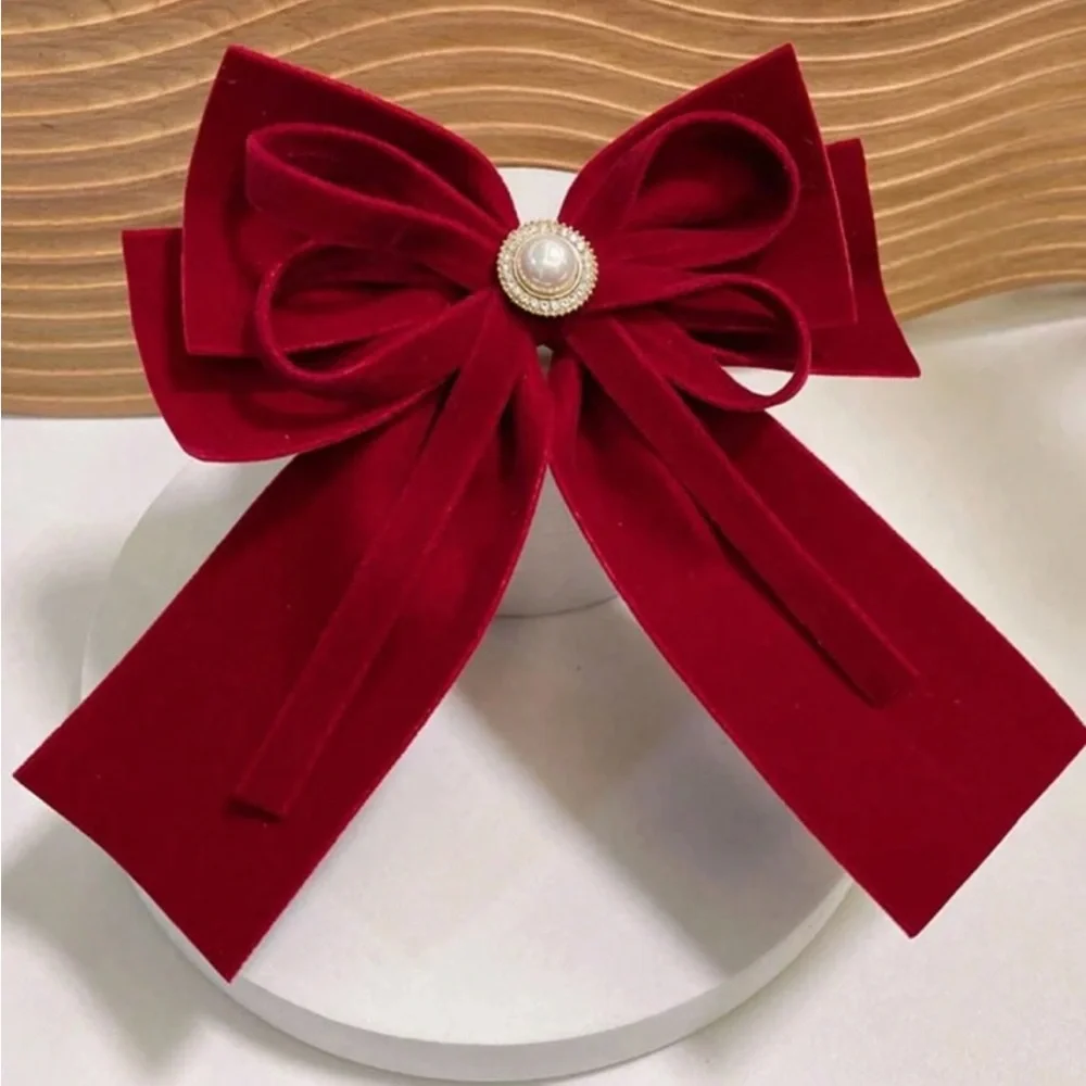 1pc Large Hair Bow With Ribbon Streamers For Women, Red Spring Clip,